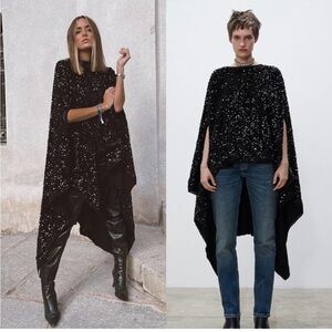 Rare and hard to find ZARA LIMITED EDITION SEQUIN CAPE / WOOL KNIT PONCHO BLACK